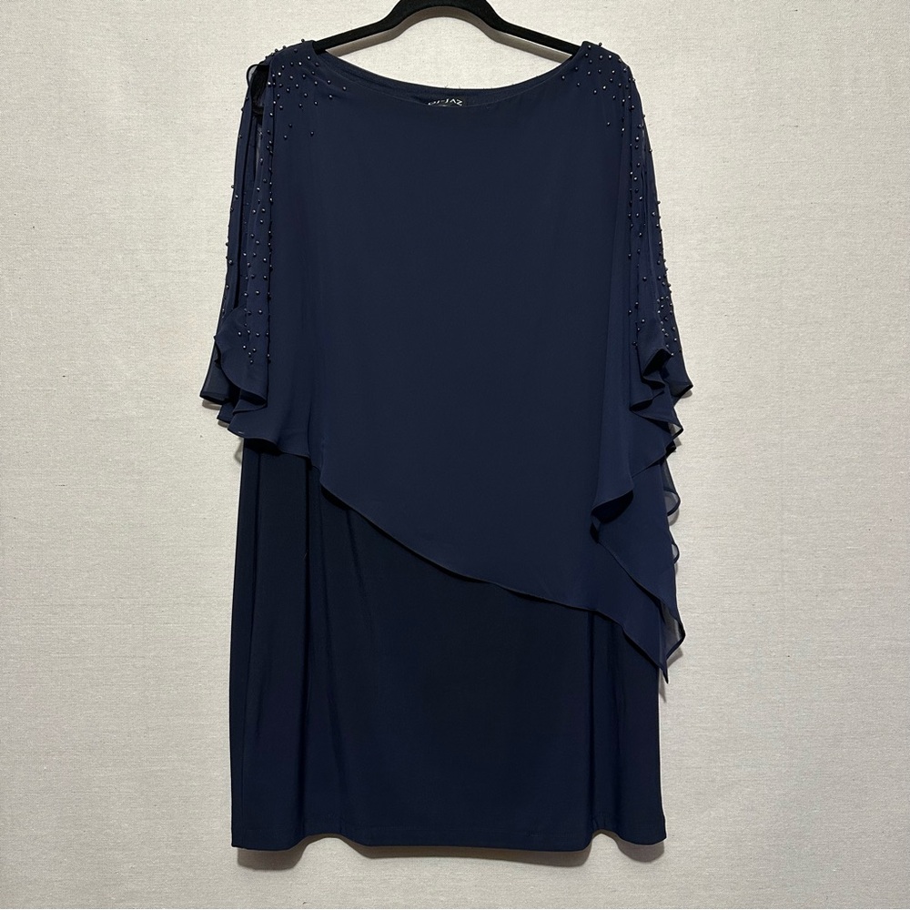 Chic Asymmetrical Navy Dress with Embellished Sleeves